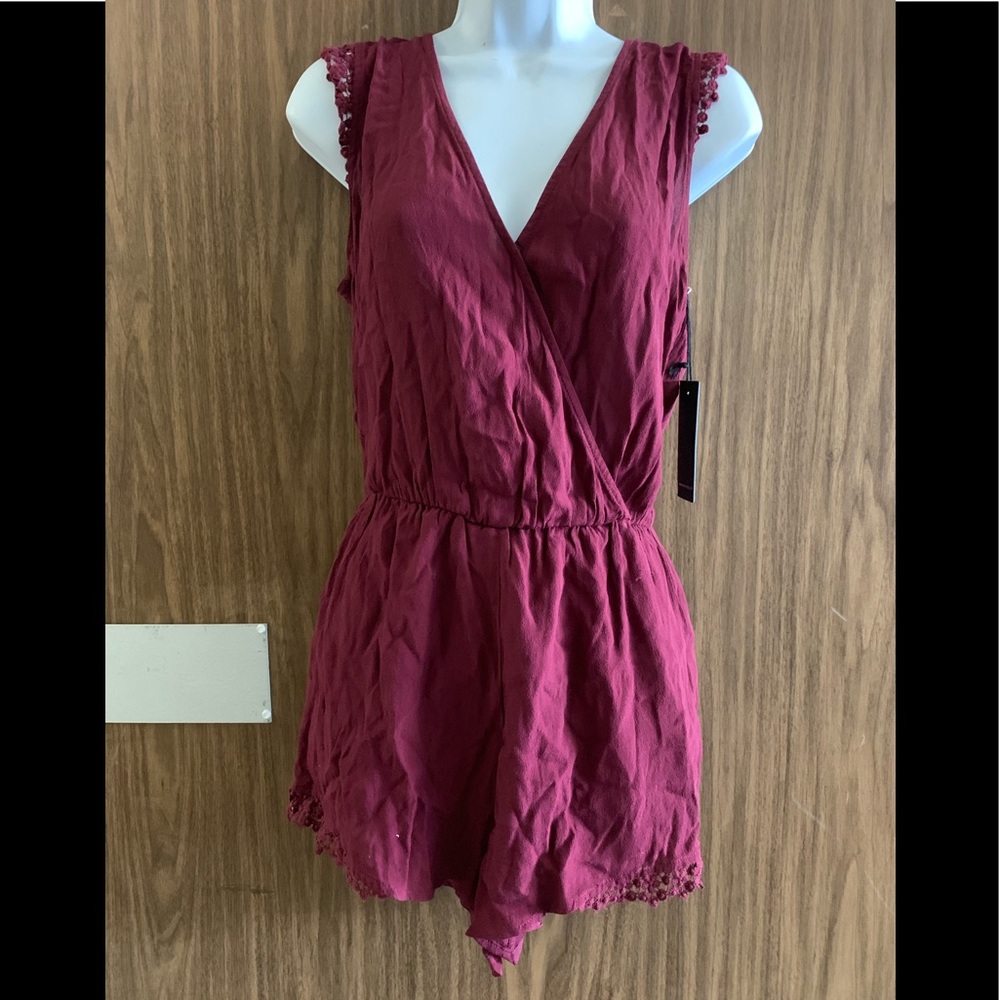 Burgundy Romper With Crochet Lace Trim